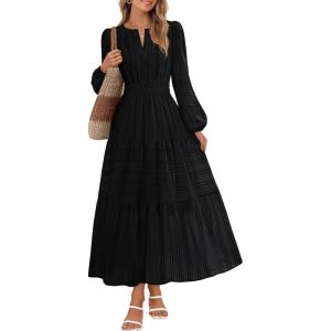 MEROKEETY Winter Spring Midi Dresses for Women 2026 Casual Vacation Long Sleeve V Neck Tiered Cotton Maxi Dress Pockets(Black)