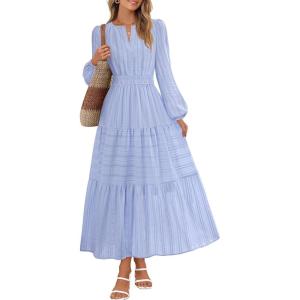 MEROKEETY Winter Spring Midi Dresses for Women 2026 Casual Vacation Long Sleeve V Neck Tiered Cotton Maxi Dress Pockets(Blue)