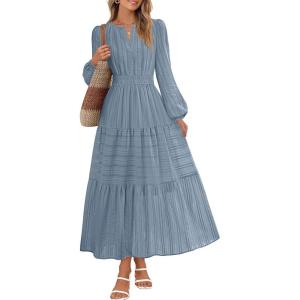 MEROKEETY Winter Spring Midi Dresses for Women 2026 Casual Vacation Long Sleeve V Neck Tiered Cotton Maxi Dress Pockets(Dustyblue)