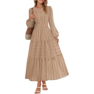 MEROKEETY Winter Spring Midi Dresses for Women 2026 Casual Vacation Long Sleeve V Neck Tiered Cotton Maxi Dress Pockets(Khaki)