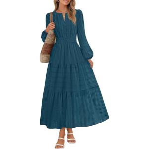 MEROKEETY Winter Spring Midi Dresses for Women 2026 Casual Vacation Long Sleeve V Neck Tiered Cotton Maxi Dress Pockets(Lakeblue)