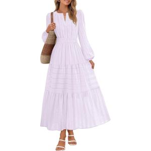 MEROKEETY Winter Spring Midi Dresses for Women 2026 Casual Vacation Long Sleeve V Neck Tiered Cotton Maxi Dress Pockets(Lightpurple)