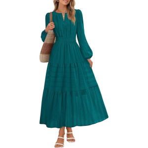 MEROKEETY Winter Spring Midi Dresses for Women 2026 Casual Vacation Long Sleeve V Neck Tiered Cotton Maxi Dress Pockets(Malachitegreen)