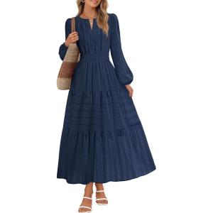 MEROKEETY Winter Spring Midi Dresses for Women 2026 Casual Vacation Long Sleeve V Neck Tiered Cotton Maxi Dress Pockets(Navy)