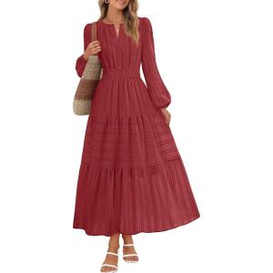 MEROKEETY Winter Spring Midi Dresses for Women 2026 Casual Vacation Long Sleeve V Neck Tiered Cotton Maxi Dress Pockets(Red)
