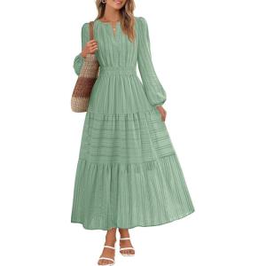 MEROKEETY Winter Spring Midi Dresses for Women 2026 Casual Vacation Long Sleeve V Neck Tiered Cotton Maxi Dress Pockets(Sage)