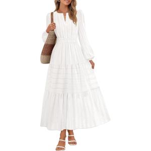 MEROKEETY Winter Spring Midi Dresses for Women 2026 Casual Vacation Long Sleeve V Neck Tiered Cotton Maxi Dress Pockets(White)