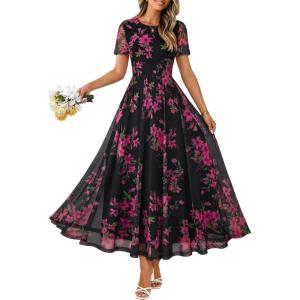 MEROKEETY Women’ Summer Floral Maxi Dress 2026 Spring Mesh Short Sleeve Flowy Wedding Guest Beach Long Dresses(Black)