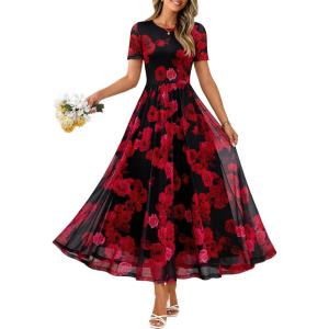 MEROKEETY Women’ Summer Floral Maxi Dress 2026 Spring Mesh Short Sleeve Flowy Wedding Guest Beach Long Dresses(Blackred)