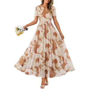 MEROKEETY Women’ Summer Floral Maxi Dress 2026 Spring Mesh Short Sleeve Flowy Wedding Guest Beach Long Dresses(Khaki)