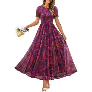 MEROKEETY Women’ Summer Floral Maxi Dress 2026 Spring Mesh Short Sleeve Flowy Wedding Guest Beach Long Dresses(Plum)