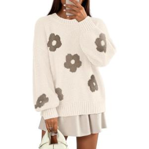 MEROKEETY Women’s 2025 Fall Floral Sweater Cute Long Lantern Sleeve Crewneck Knit Pullover Tops(Beige)