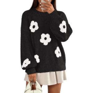MEROKEETY Women’s 2025 Fall Floral Sweater Cute Long Lantern Sleeve Crewneck Knit Pullover Tops(Black)