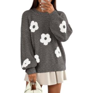 MEROKEETY Women’s 2025 Fall Floral Sweater Cute Long Lantern Sleeve Crewneck Knit Pullover Tops(Gray)
