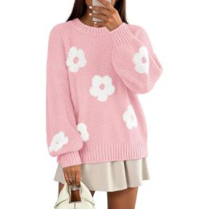 MEROKEETY Women’s 2025 Fall Floral Sweater Cute Long Lantern Sleeve Crewneck Knit Pullover Tops(Pink)