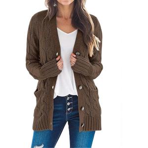 MEROKEETY Women’s 2025 Fall Long Sleeve Cable Knit Sweater Open Front Cardigan Button Loose Outerwear(Coffee)