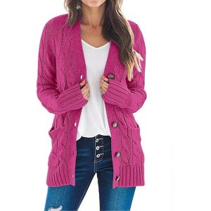 MEROKEETY Women’s 2025 Fall Long Sleeve Cable Knit Sweater Open Front Cardigan Button Loose Outerwear(Hot Pink)