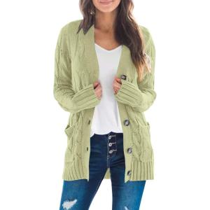 MEROKEETY Women’s 2025 Fall Long Sleeve Cable Knit Sweater Open Front Cardigan Button Loose Outerwear(Light Green)