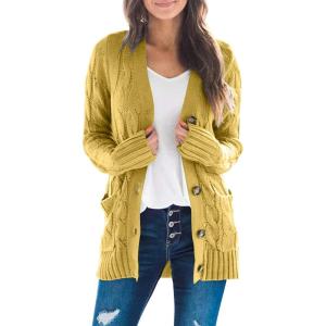 MEROKEETY Women’s 2025 Fall Long Sleeve Cable Knit Sweater Open Front Cardigan Button Loose Outerwear(Mustard)