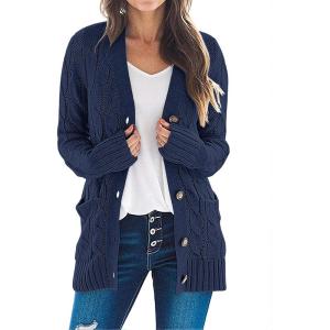 MEROKEETY Women’s 2025 Fall Long Sleeve Cable Knit Sweater Open Front Cardigan Button Loose Outerwear(Navy)