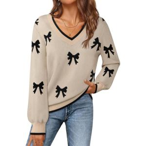 MEROKEETY Women’s 2025 Fall Long Sleeve Sweater V Neck Winter Tops Casual Lightweight Knit Pullover Shirts(Bow Apricot)