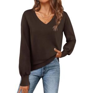 MEROKEETY Women’s 2025 Fall Long Sleeve Sweater V Neck Winter Tops Casual Lightweight Knit Pullover Shirts(Brown)