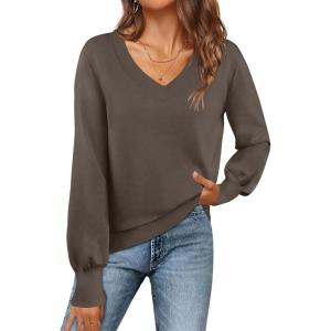 MEROKEETY Women’s 2025 Fall Long Sleeve Sweater V Neck Winter Tops Casual Lightweight Knit Pullover Shirts(Coffee)