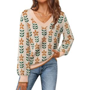 MEROKEETY Women’s 2025 Fall Long Sleeve Sweater V Neck Winter Tops Casual Lightweight Knit Pullover Shirts(Flower Apricot)