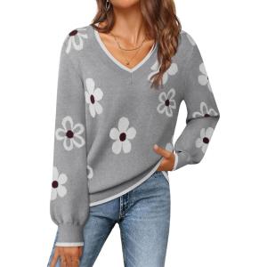 MEROKEETY Women’s 2025 Fall Long Sleeve Sweater V Neck Winter Tops Casual Lightweight Knit Pullover Shirts(Flower Gray)