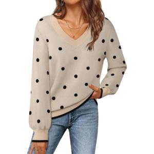 MEROKEETY Women’s 2025 Fall Long Sleeve Sweater V Neck Winter Tops Casual Lightweight Knit Pullover Shirts(Polka Dot)
