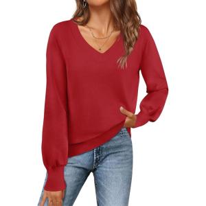 MEROKEETY Women’s 2025 Fall Long Sleeve Sweater V Neck Winter Tops Casual Lightweight Knit Pullover Shirts(Red)
