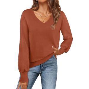 MEROKEETY Women’s 2025 Fall Long Sleeve Sweater V Neck Winter Tops Casual Lightweight Knit Pullover Shirts(Rust)