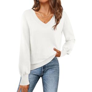 MEROKEETY Women’s 2025 Fall Long Sleeve Sweater V Neck Winter Tops Casual Lightweight Knit Pullover Shirts(White)