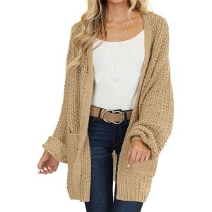MEROKEETY Women’s 2025 Fall Open Front Chunky Knit Sweater Oversized Lantern Sleeve Cardigan Outwear(Khaki)