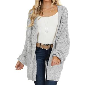 MEROKEETY Women’s 2025 Fall Open Front Chunky Knit Sweater Oversized Lantern Sleeve Cardigan Outwear(Light Grey)