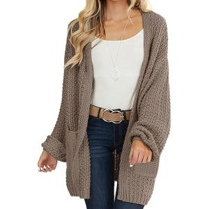 MEROKEETY Women’s 2025 Fall Open Front Chunky Knit Sweater Oversized Lantern Sleeve Cardigan Outwear(Mocha)