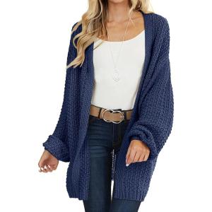 MEROKEETY Women’s 2025 Fall Open Front Chunky Knit Sweater Oversized Lantern Sleeve Cardigan Outwear(Navy)