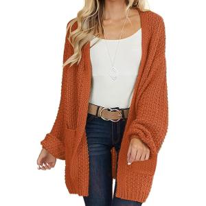 MEROKEETY Women’s 2025 Fall Open Front Chunky Knit Sweater Oversized Lantern Sleeve Cardigan Outwear(Orange)
