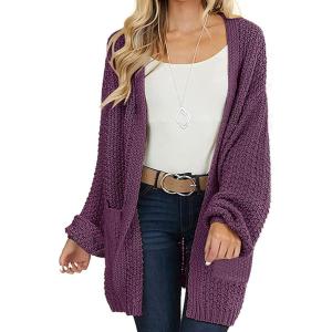MEROKEETY Women’s 2025 Fall Open Front Chunky Knit Sweater Oversized Lantern Sleeve Cardigan Outwear(Plum)