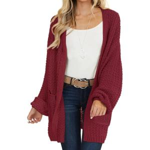 MEROKEETY Women’s 2025 Fall Open Front Chunky Knit Sweater Oversized Lantern Sleeve Cardigan Outwear(Wine)