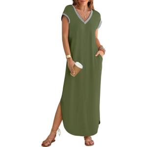 MEROKEETY Women’s 2025 Spring Summer Maxi Dress Casual V Neck Split Beach Vacation Loose Long Dresses(Armygreen)