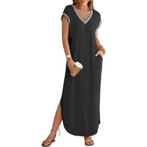 MEROKEETY Women’s 2025 Spring Summer Maxi Dress Casual V Neck Split Beach Vacation Loose Long Dresses(Black)