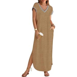 MEROKEETY Women’s 2025 Spring Summer Maxi Dress Casual V Neck Split Beach Vacation Loose Long Dresses(Khaki)