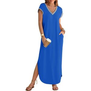 MEROKEETY Women’s 2025 Spring Summer Maxi Dress Casual V Neck Split Beach Vacation Loose Long Dresses(Royalblue)