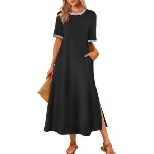 MEROKEETY Women’s 2025 Summer Casual Maxi Dress Spring Beach Vacation Short Sleeve Crewneck Split Midi T Shirt Dresses(Black)