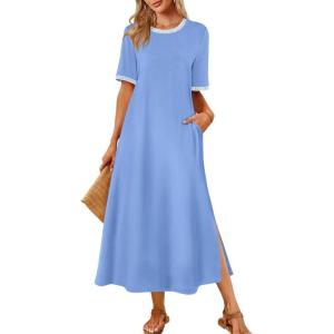 MEROKEETY Women’s 2025 Summer Casual Maxi Dress Spring Beach Vacation Short Sleeve Crewneck Split Midi T Shirt Dresses(Blue)