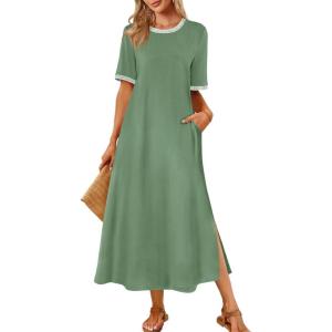 MEROKEETY Women’s 2025 Summer Casual Maxi Dress Spring Beach Vacation Short Sleeve Crewneck Split Midi T Shirt Dresses(Green)