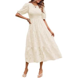MEROKEETY Women’s 2025 Summer Puff Sleeve Smocked Floral Dress Crewneck Lace Flowy Tiered Midi Dresses(Beige)