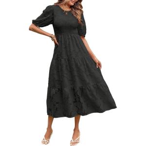 MEROKEETY Women’s 2025 Summer Puff Sleeve Smocked Floral Dress Crewneck Lace Flowy Tiered Midi Dresses(Black)