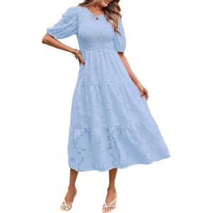 MEROKEETY Women’s 2025 Summer Puff Sleeve Smocked Floral Dress Crewneck Lace Flowy Tiered Midi Dresses(Light Blue)